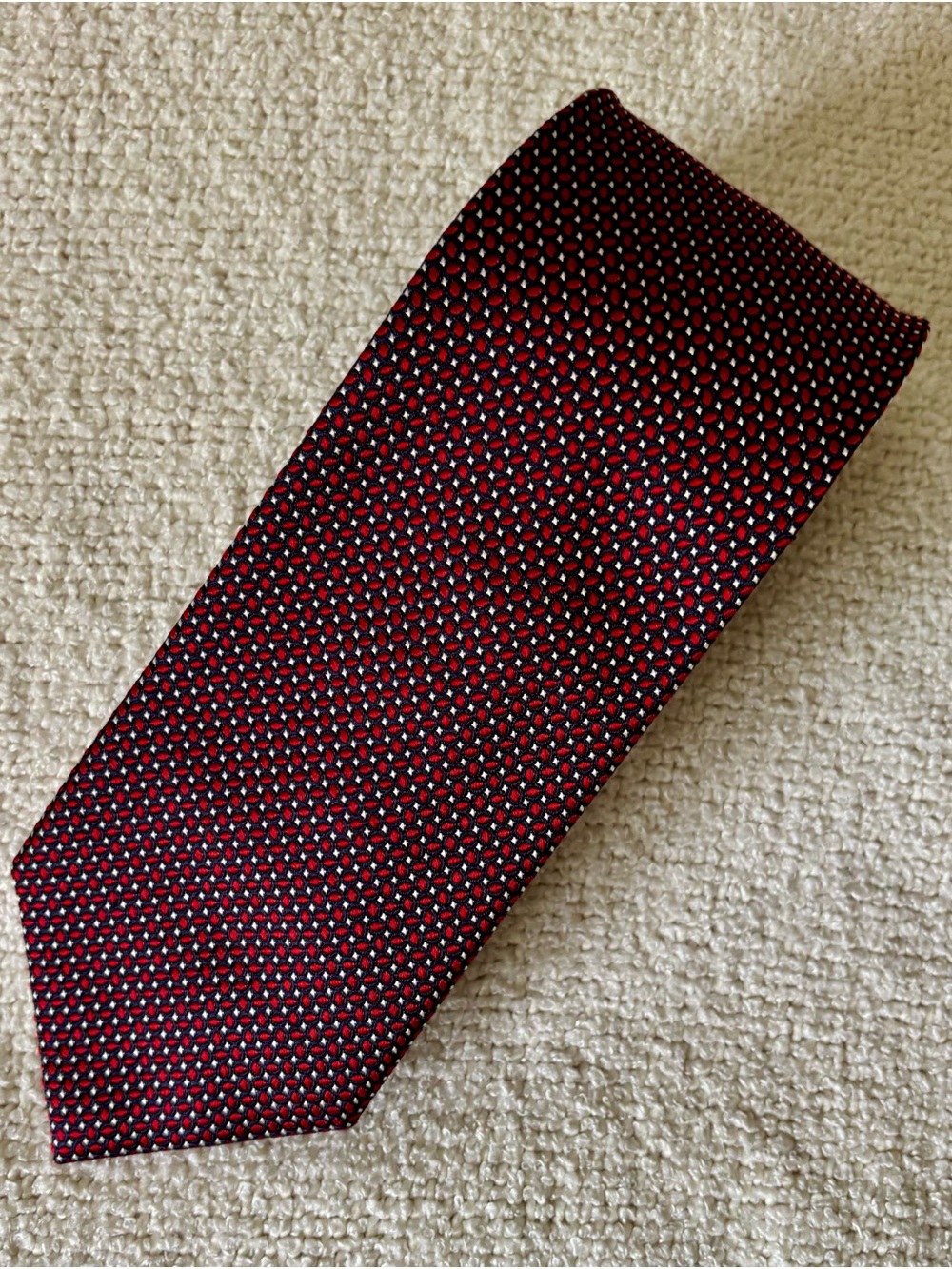 Jos. A. Bank Men's Red Navy White Geometric Silk Tie Woven Handmade Signature
